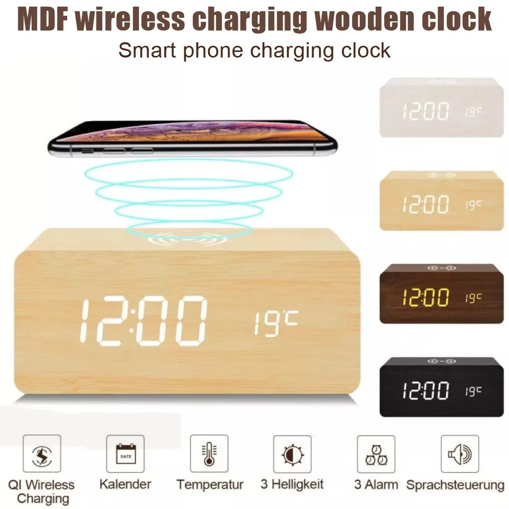 

LED Electric Alarm Clock Wood Digital Desk Clock Thermometer Qi Wireless Charger Wireless Charging Pad Station With Date Display