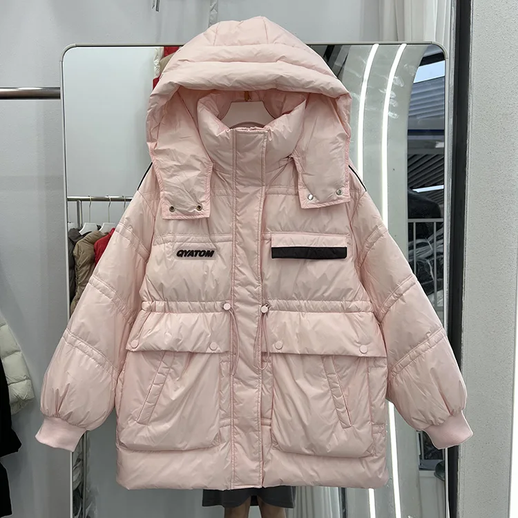 

Женский короткий пуховик с капюшоном, Повседневная однотонная куртка на белом утином пуху с длинным рукавом и завязкой на талии, модель F787 н...