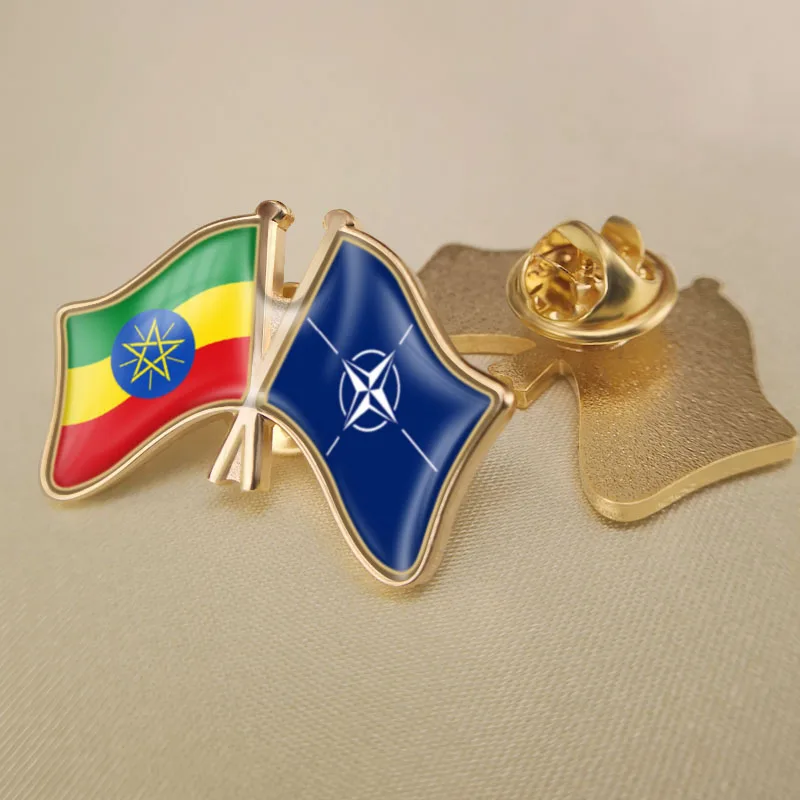 

Ethiopia and NATO North Atlantic Treaty Organization Crossed Double Friendship Flags Lapel Pins Brooch Badges