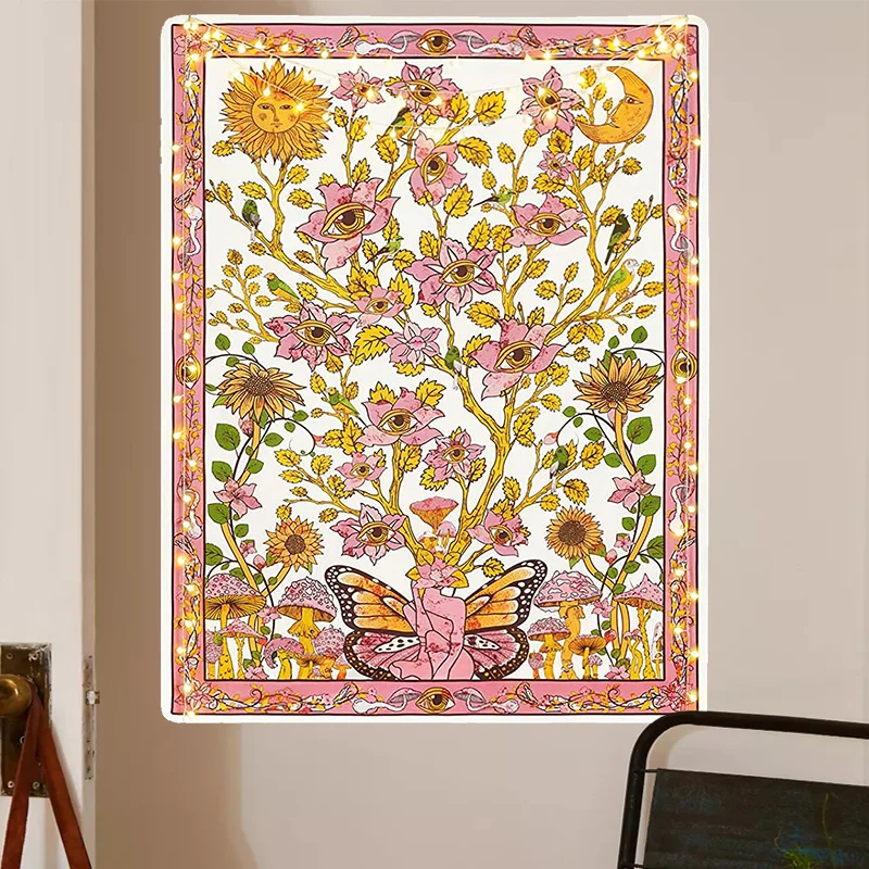 

Sunflower Tapestry Mushroom And Butterfly Wall Hanging Vintage Floral Vine Sun And Moon Tapestries Colorful Eyes Art Dorm Decor
