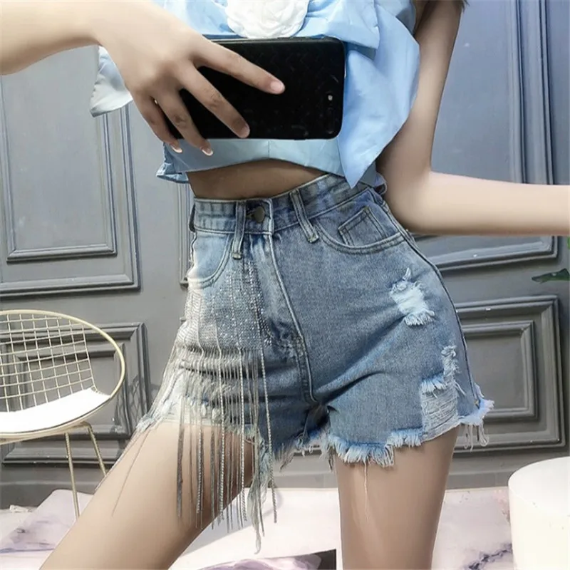2023 Summer Rhinestone Fringed High Waist Denim Shorts New Women Ladies Fashion Casual Loose Wide Leg Short Jeans Ripped Shorts