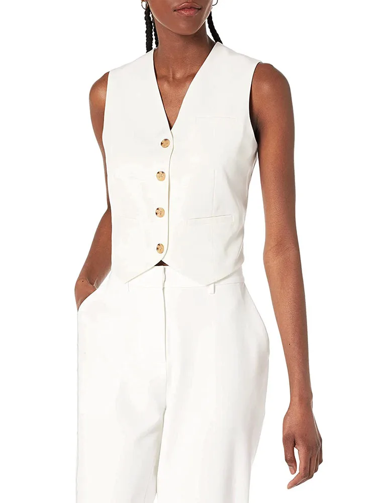 Womens Vest Cotton Linen Sleeveless V-Neck Jacket Coat Single Breasted Casual Work Uniform