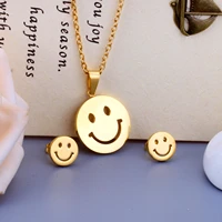 carlidana 2pcsset stainless steel necklaceearring for women gift smiling face necklace choker smiley charm jewelry non tarnish