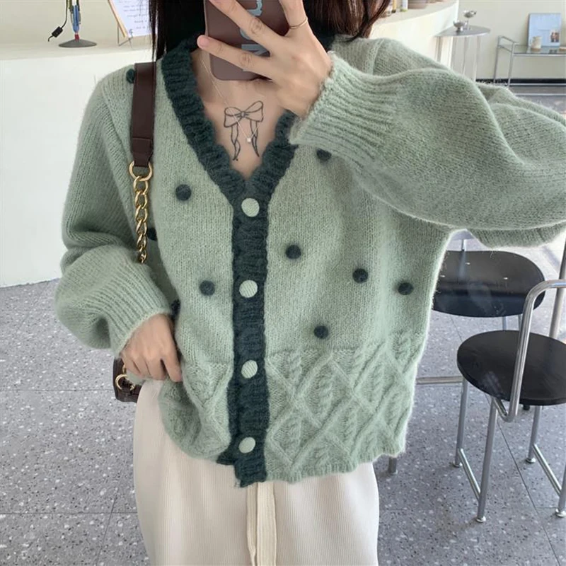 

Spring Autumn New Sweaters Cardigan Women Red V-Neck Sweet Loose Knitted Coats Woman 2023 Vintage Lazy Fur Ball Design Sweater