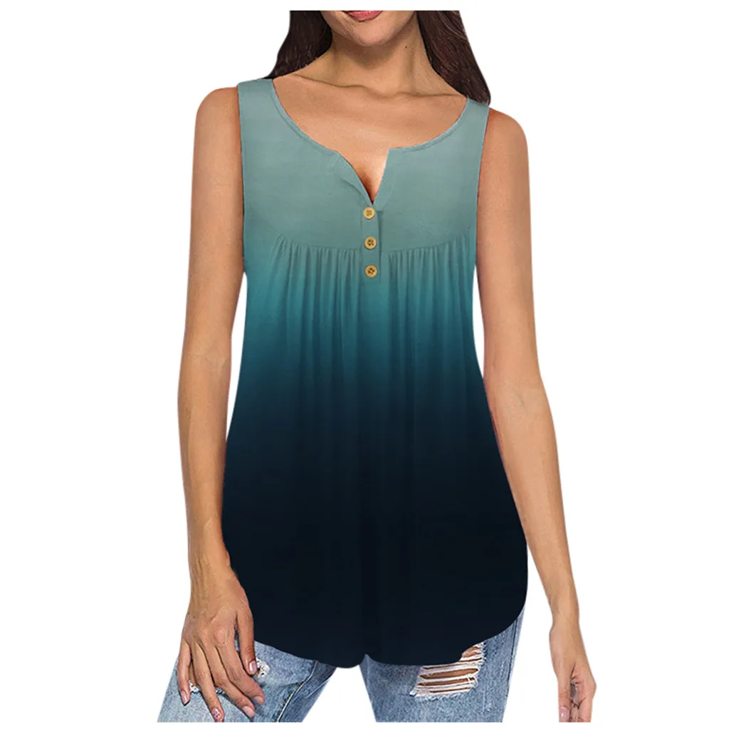 

Women Gradient V-neck Sleeveless T Shirts Button Pullover Tank Women 100 Cotton Shirts Ladies Medium Dress Blouses