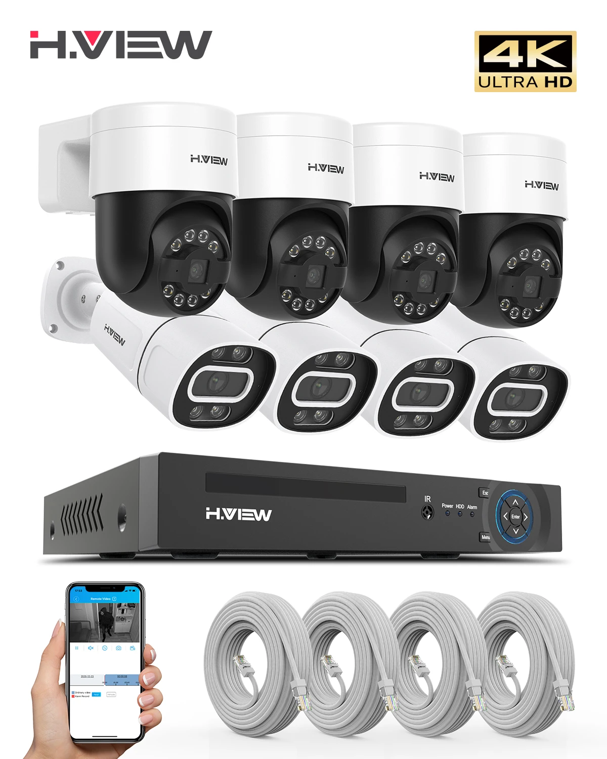 

H.view Cctv Security Cameras System 8Ch 4K 5MP 8MP PTZ Home Video Surveillance Kit Outdoor Ip Camera Humanoid Detection xmeye