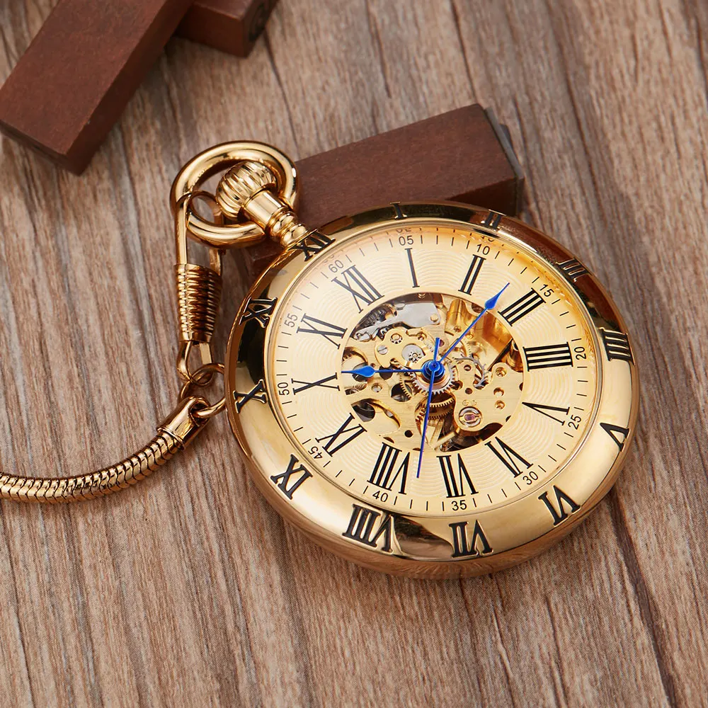 uxury Copper Golden Silver Automatic Mechanical Pocket Watch Clock Fob Chain Watch Men Roman Numbers Clock Pocket watches