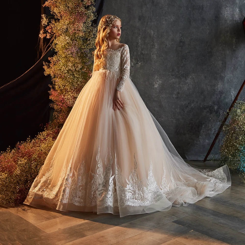 

Elegant Flower Girl Dresses O-Neck Long Sleeve Ball Gown Communion Dress Lace Appliques Children Brithday Tulle Prom Party Gowns