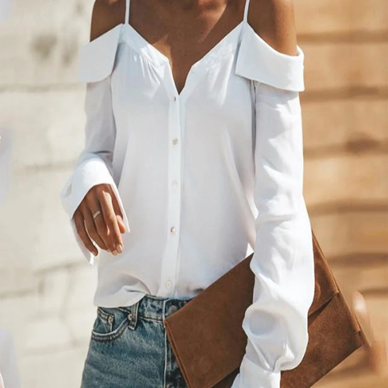 

Women 2022 Off Shoulder Blouse Sexy Women One-shoulder V-neck Long-sleeved Solid Color Sling Shirt summer women top
