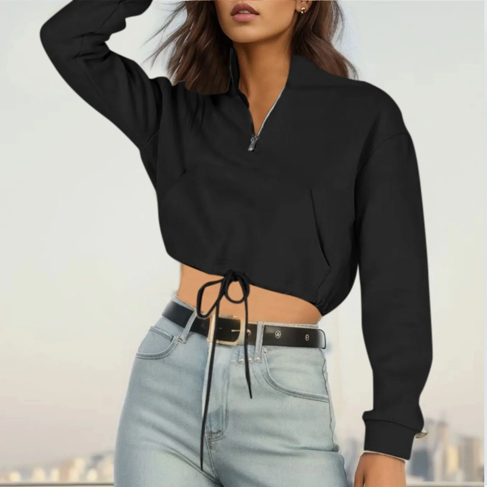 

Trendy Queen Women Sweatshirts Half Zip Cropped Streetwear Solid Stand Collar Drawstring Patch Long Sleeve Pullove Pocket