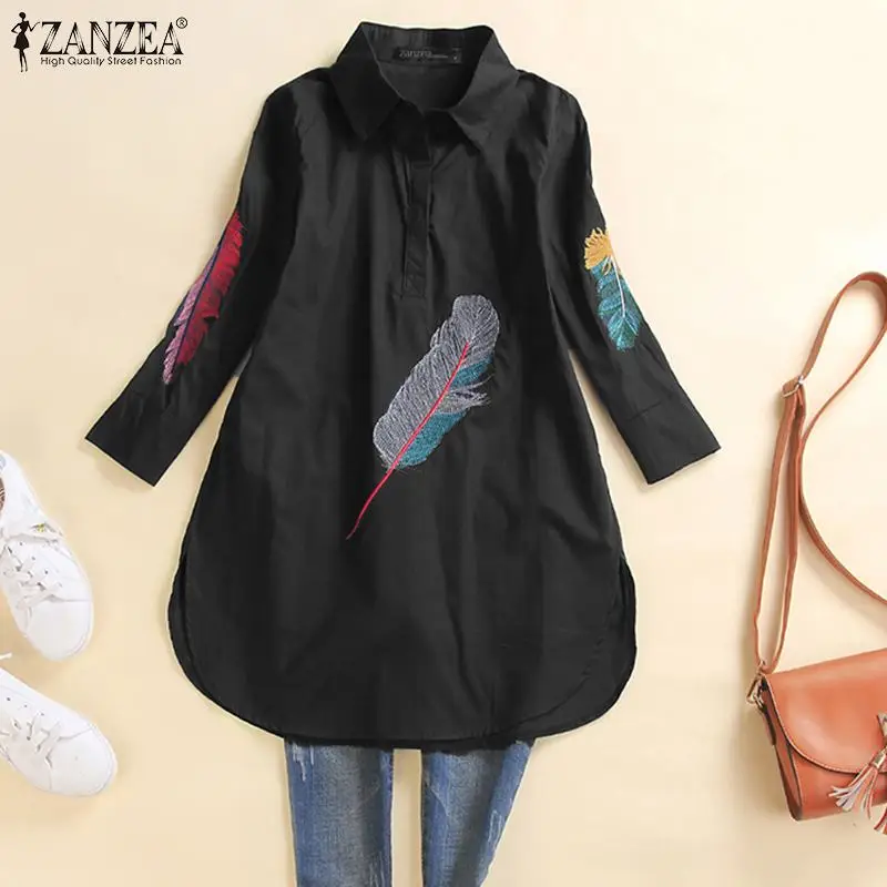 

2022 Spring Autumn Long Sleeve Top Tunic Retro Women Embroidery Shirt Blouse ZANZEA Oversized Casual Solid Loose Blusa Chemise 7