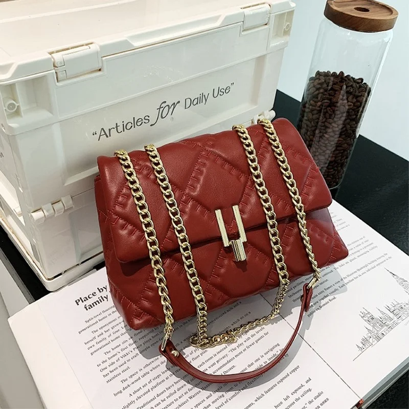 

Luxury Diamond Lattice Chain Crossbody Bag For Women Sewing Thread PU Leather Shoulder Bag Ladies Purses and Handbags 2022 Trend