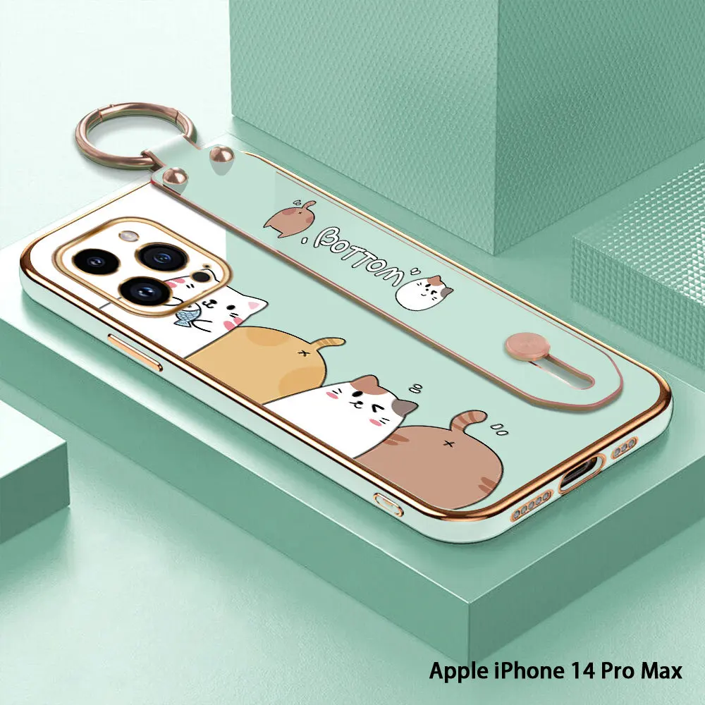 

(With Wristband) For iPhone 14 Pro Max 14 15 Plus 15 Pro Max 14Pro 15Pro Cartoon Cat Back Cover Luxury Plating TPU Phone Case