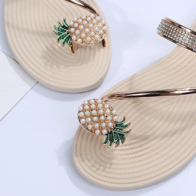 Pineapple Decor Female Beach Slides Summer Bohemian Women Casual Clip Toe Slippers Rhinestone Sandalias Mujer Verano 2022