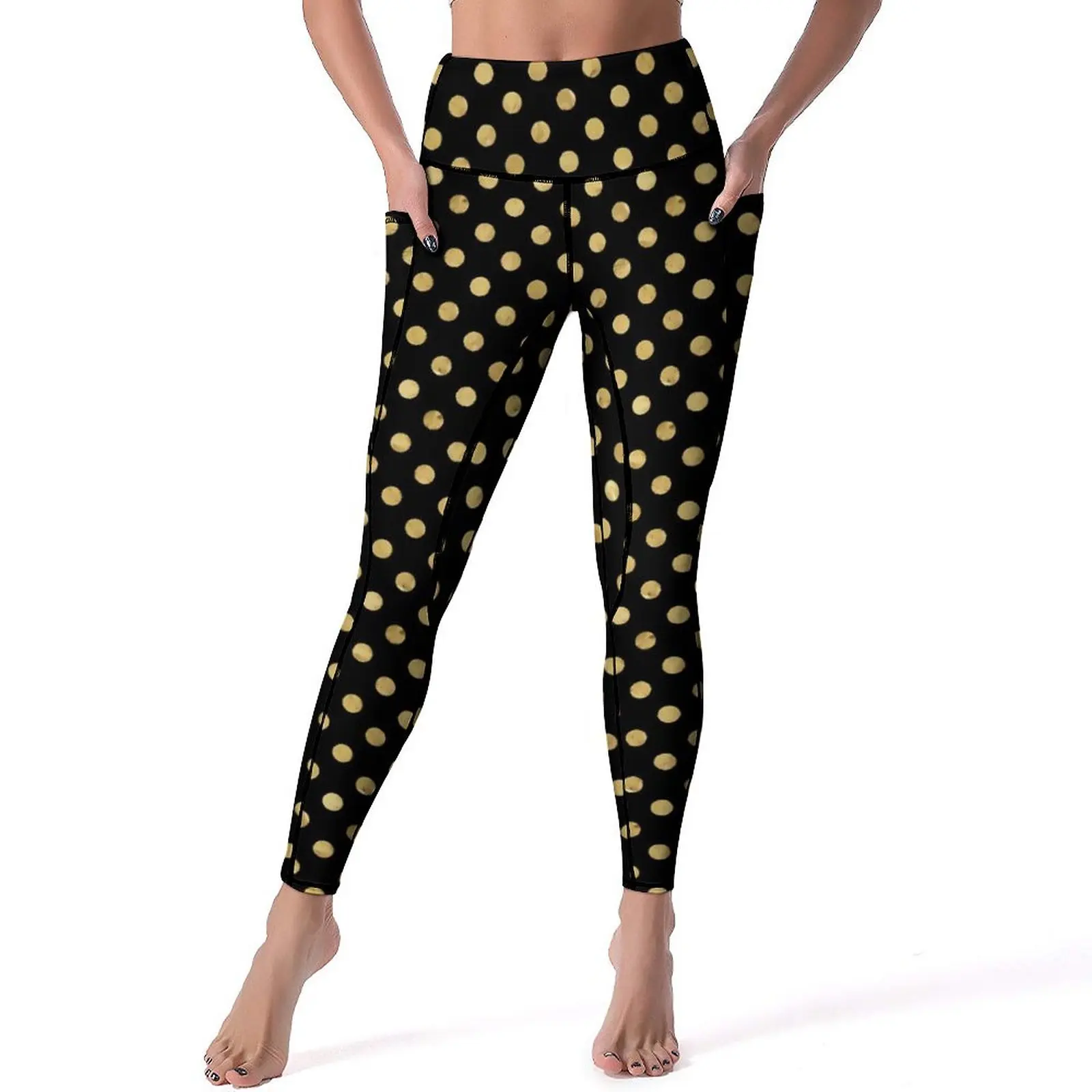 

Gold Dot Leggings Sexy Elegant Polka Dots Gym Yoga Pants High Waist Stretchy Sports Tights Pockets Funny Graphic Leggins