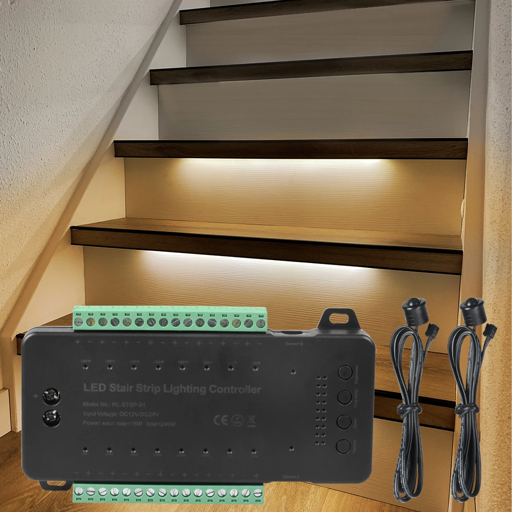 Black Color PIR Motion Sensor Light Strip Control DC12V 24V 16 Steps LED Controller For Stairs