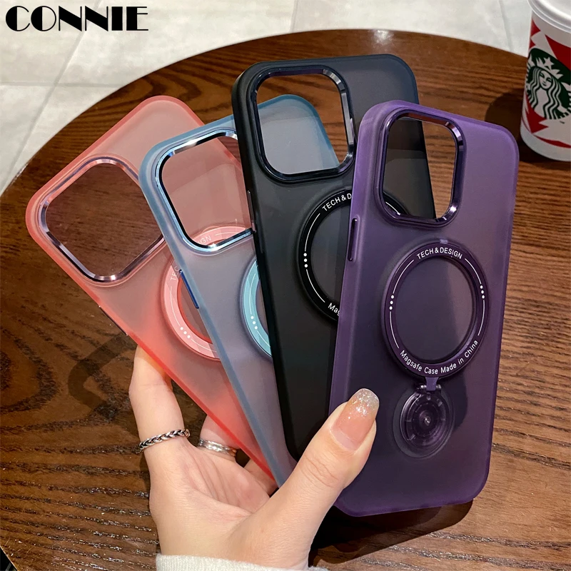

Fashion Shockproof With 360 Rotation Kickstand Translucent Case for iPhone 14 13 Pro Max Magsafe Magnetic Matte Clear Cover Capa