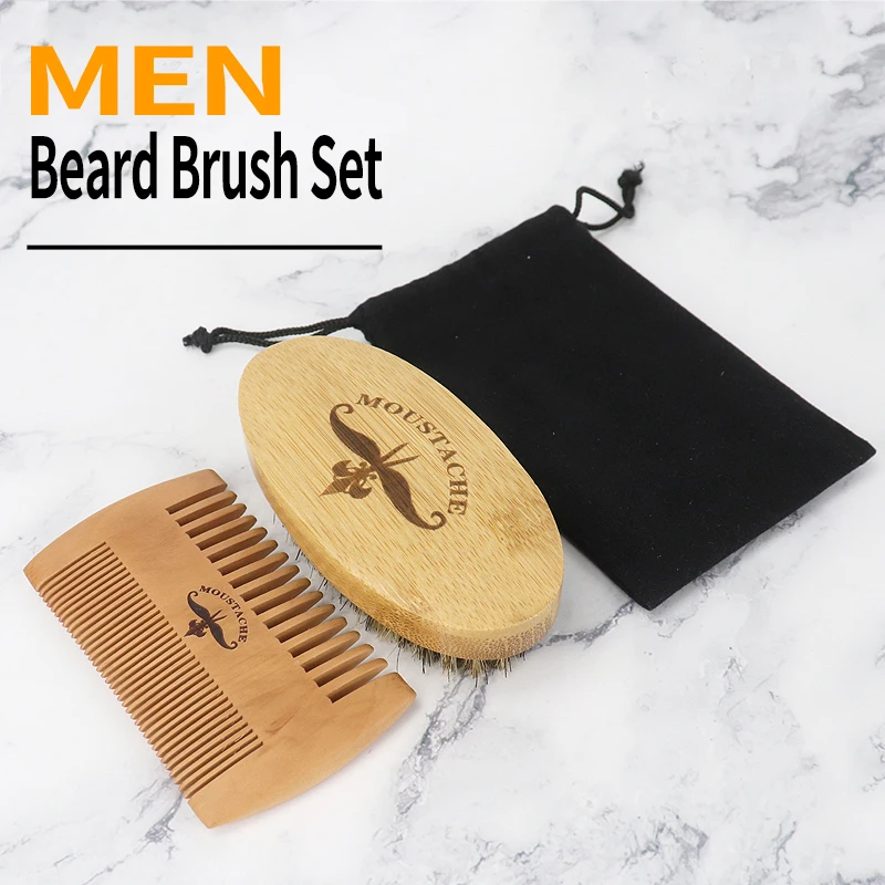 

Senior Men'S Beard Brush Set Boar Hair Bristle Hairbrush Double Sided Styling Wooden Comb
