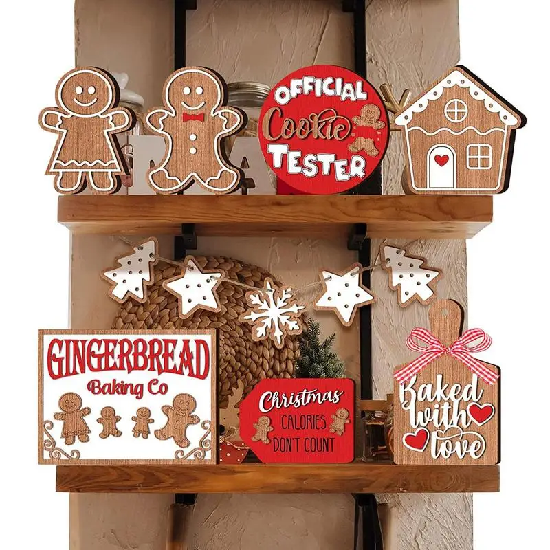 

Christmas Tier Tray Decor Gingerbread Man Snowflake Table Wooden Signs Farmhouse Rustic Tiered Tray Winter Gingerbread Decor For