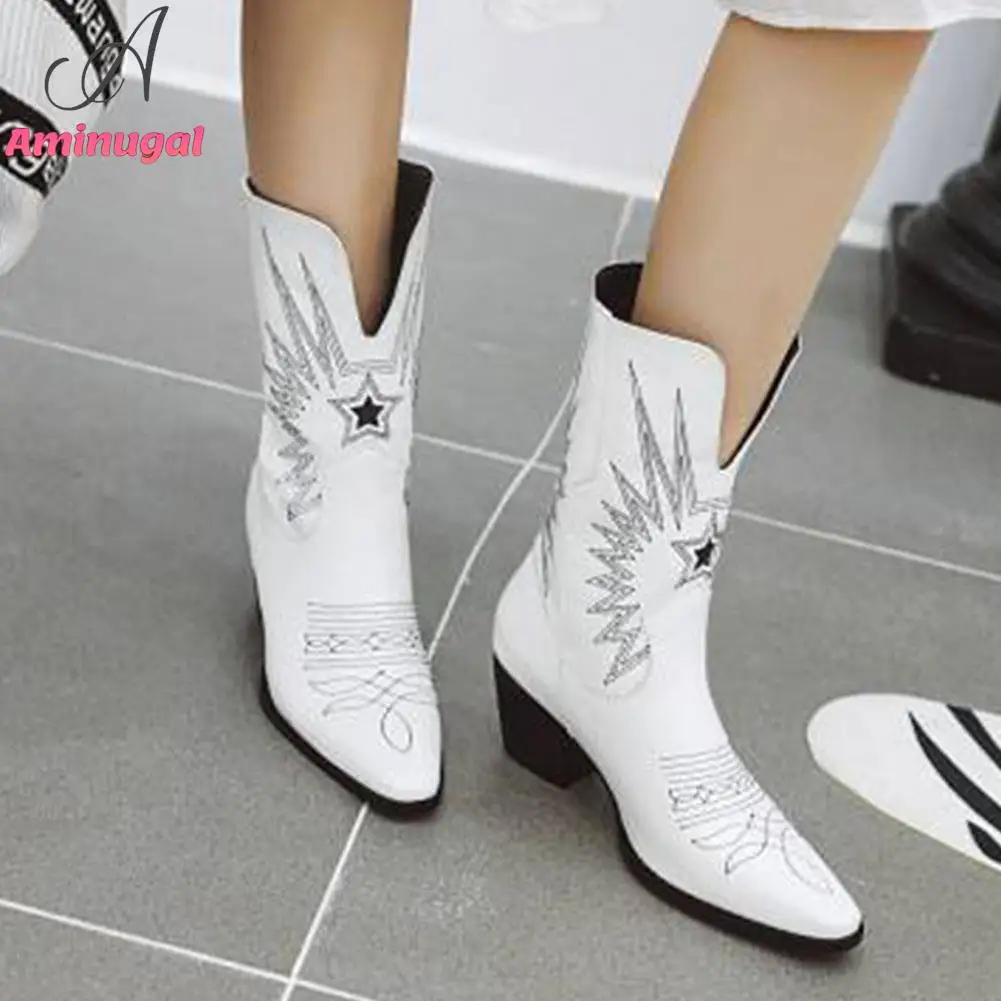 

Dropship Cowboy Cowgirls Western Boots White Black Ankle Boots 2023 New Fashion Embroidery Walking Comfy Women Shoes