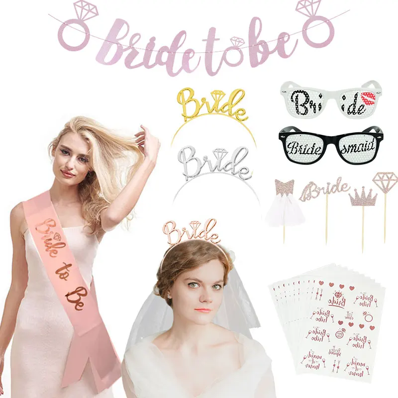 

Wedding Decoration Rose Gold Bride To Be Veil Stain Sash Team Bride Glasses Tattoo Stickers Bachelor Party Bridal Shower Decor