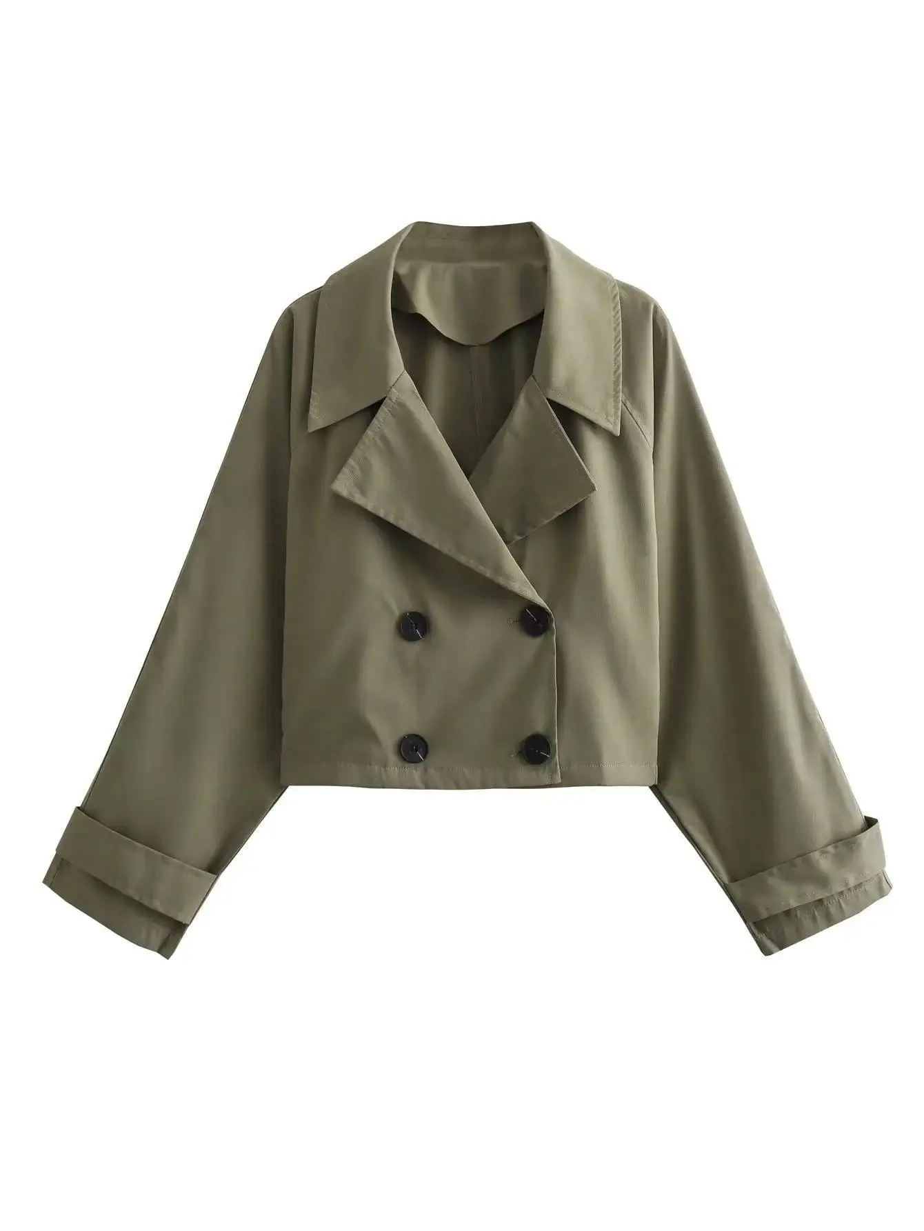 

Женская демисезонная двубортная куртка цвета хаки, пальто с английским воротником