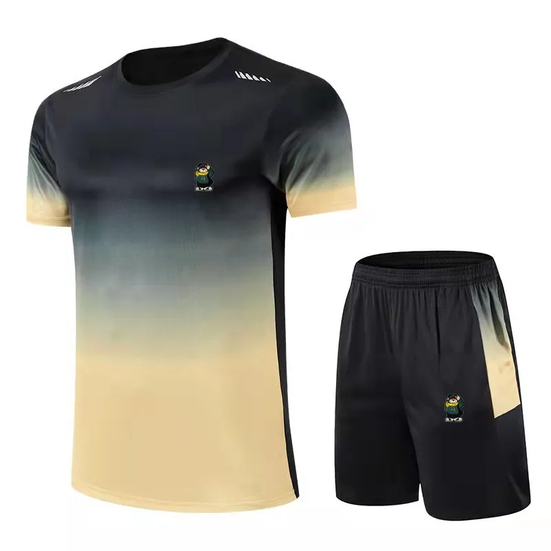 Gradient color (T-shirt+shorts) 2023 summer men and women's embroidered short sleeved T-shirt casual sports two-piece set