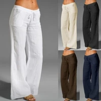 womens fashion summer casual wide leg pants women vintage solid color cotton linen trousers elastic waist drawstring pants s 5x