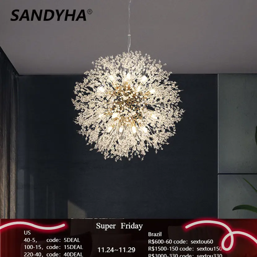 

Роскошная люстра в скандинавском стиле, креативный подвесной светильник в виде позолоченного хрустального шара для украшения дома, гардер...