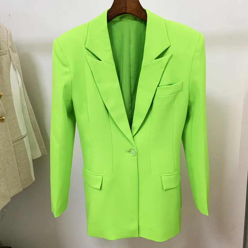 

Blazer Skirt Suits Two Pieces Sets Women Widened Shrug Shoulder One Button Oversize Fluorescent Green Long Blazers Suit Dropship