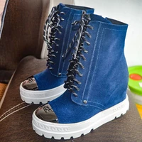 blue denim metal toe increasing inner wedge martin boots ladies female platform thick rim sole lace up cowboy ankle boots