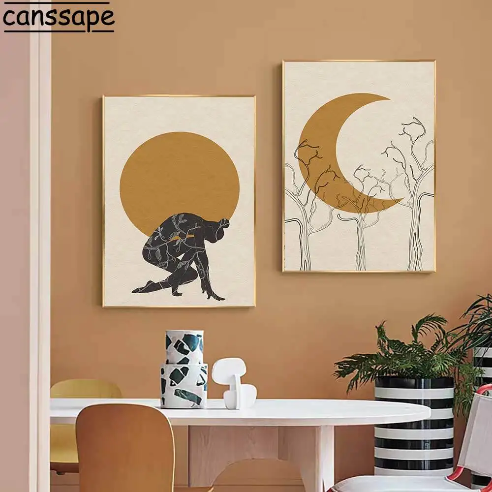 

Постеры в стиле бохо, настенная художественная абстрактная фигурка, принт, солнце, луна, холст, живопись, винтажные настенные картины, декор ...