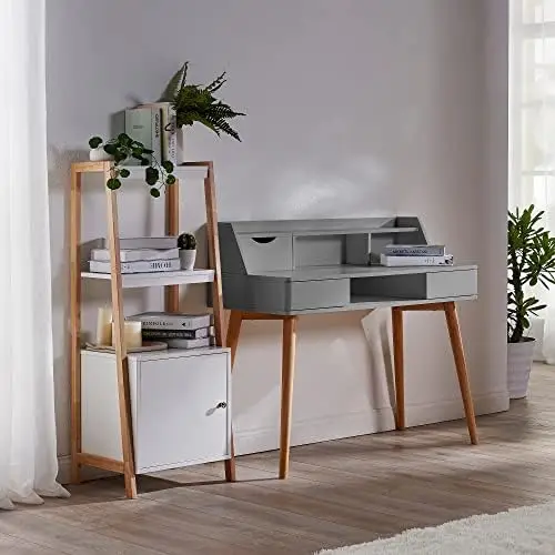 

White Work Study Table Desk With Storage Drawer Shelf Natural Finish For Living Room Home and Office