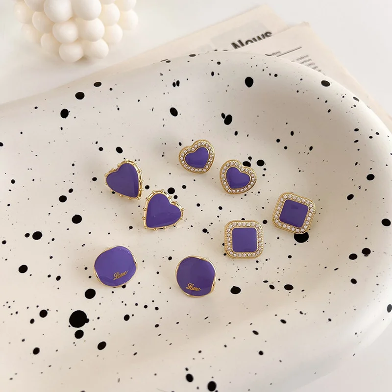 

2022 New Arrival Multi Styles Purple Color Enamel Earring Square Love Heart Square Drop Earrings for Women Casual Daily Jewelry