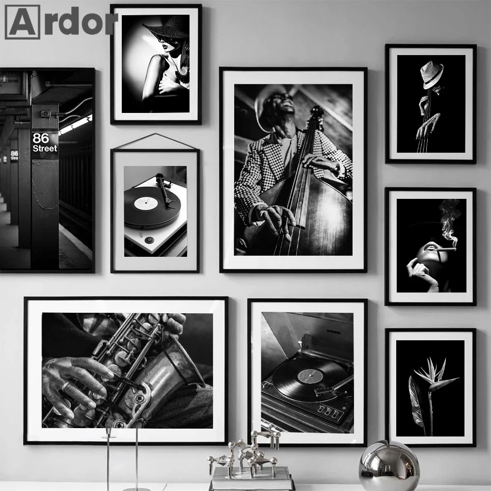 

Vintage Music Record Black White Poster Band Guitar Jazz Portrait Canvas Painting Smoking Woman Print Wall Pictures Home Decor