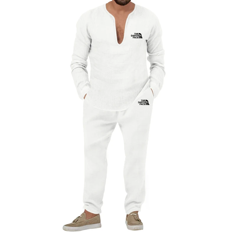 

Новинка Осень 2023, Мужская однотонная Повседневная футболка с независимой станцией, рубашка с длинным рукавом из хлопка и конопли, комплект длинных брюк