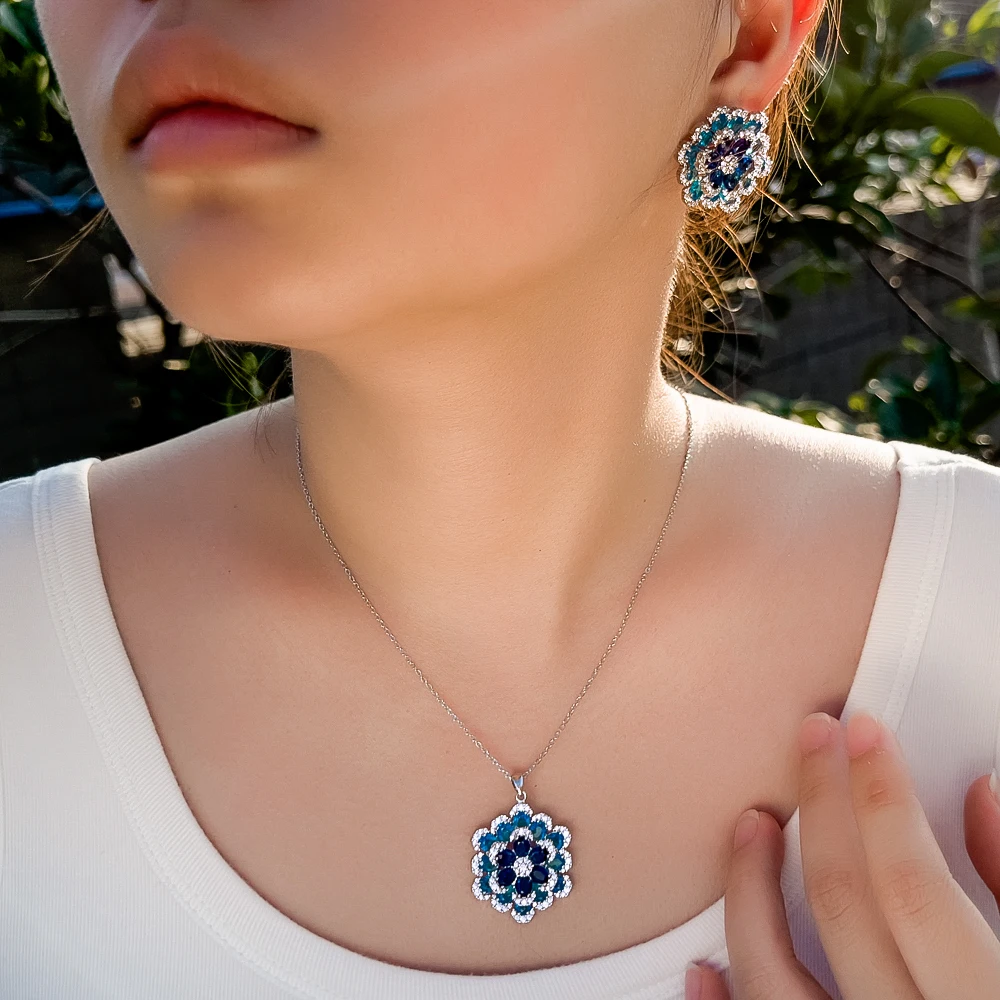 Фото CWWZircons Art Deco Роскошные синие циркониевые массивные серьги в форме цветка и ожерелье с подвеской Женские вечерние комплекты ювелирных изделий T764 №5