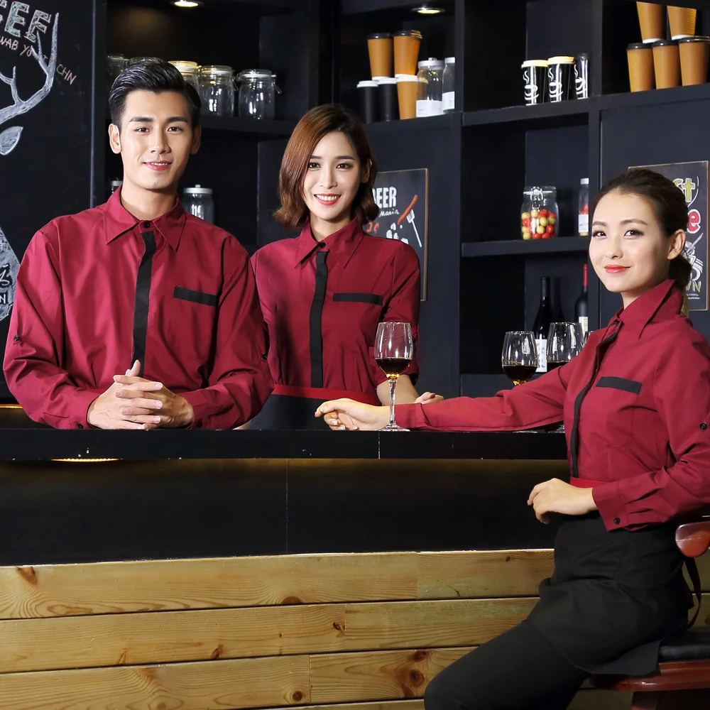 

Hotel Waiter Work Clothing Men and Women Long Adjusted Sleeve Print/Embroider DIY Uniform Beer Bar Waitress Shirt+Apron Set
