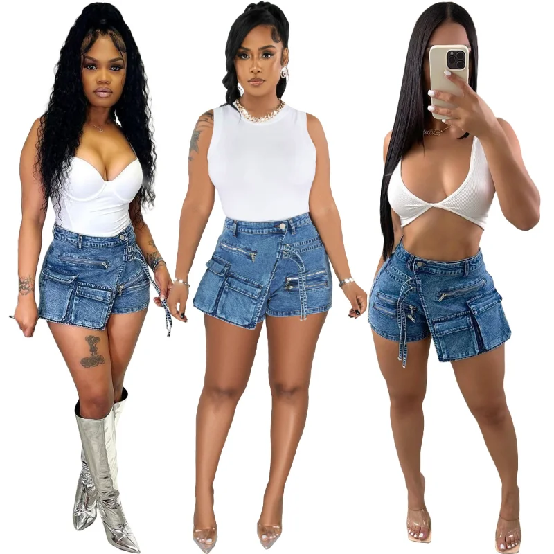 

Women Vintage Zipper Pocket Denim Shorts Fashion Casual High Waist Slim Fit Elastic Short Jeans Y2K Clothes Streetwear