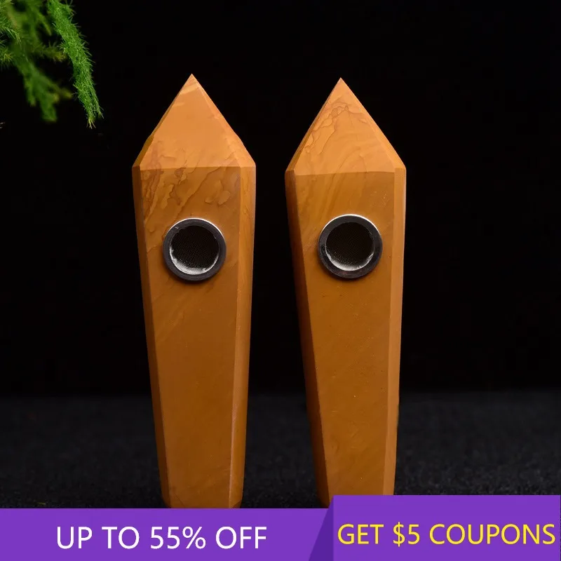 

Natural Yellow Wood Grain Stone Smoking Pipe Quartz Crystal Point Column Wand Pipes W/ Carb Hole Rock Obelisk Healing Reiki Gift