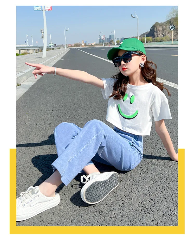 2PCS 2023 Summer teens Girls Clothes Sets Outfits Kids crop top T-shirt + demin Pants jeans Child tracksuit 6 8 10 12 14 Year images - 6