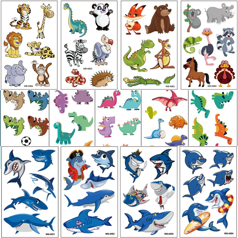 

Тату-наклейка с животными на лицо, тело, руку, водостойкая временная татуировка для вечеринки, макияж для мальчиков и девочек, динозавр, Акул...