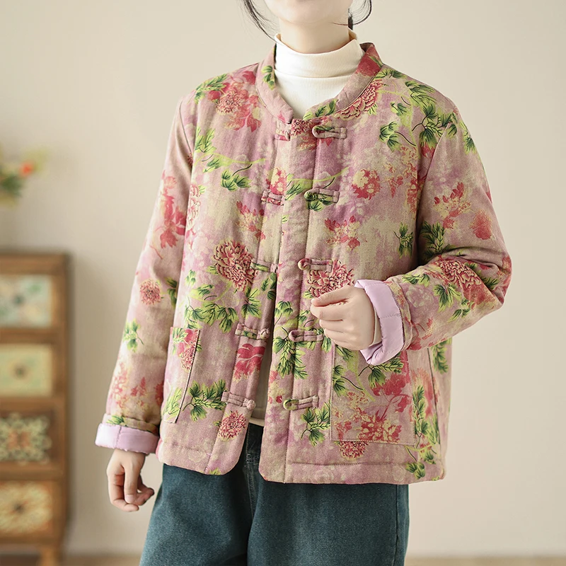 Утепленная хлопковая куртка с широкой талией в китайском стиле ретро женская
