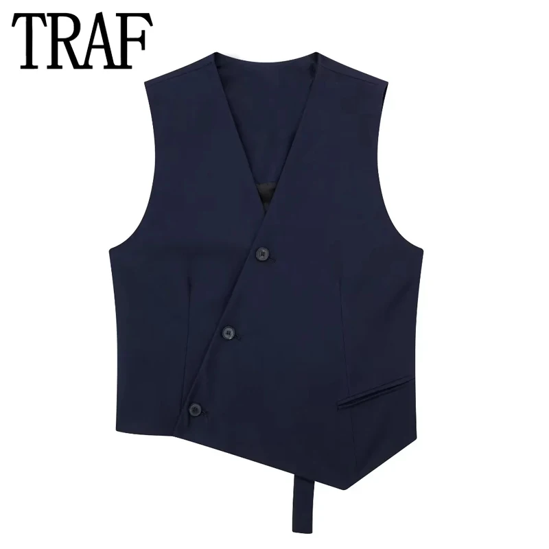 

TRAF 2023 Asymmetric Sleeveless Vests For Women Autumn Cropped Jacket Woman Double Breasted Short Waistcoat Women's Suit Vest