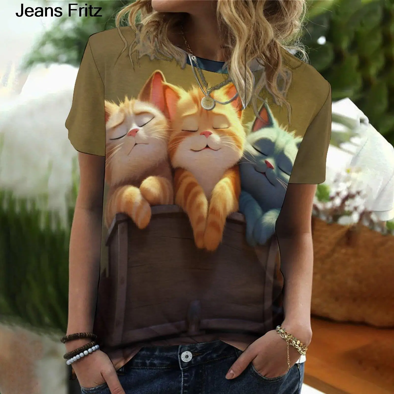

Women's T-shirt Cute Cartoon Cat Print Summer Short Sleeve O-Neck Fashion Casual T-shirt Paired with Cat Fun Women's Clothing