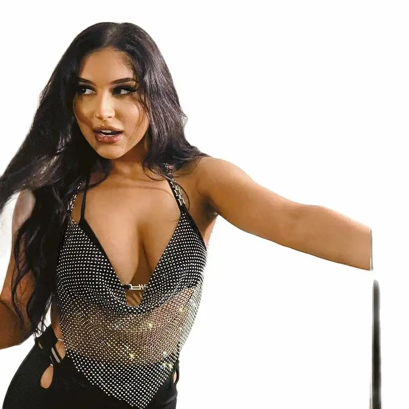 

Sexy Shiny Beaded See-through Camisole Deep V Metal Chain Straps Backless Strappy Halter Tank Top Nightclub Halterneck Y2k Tops