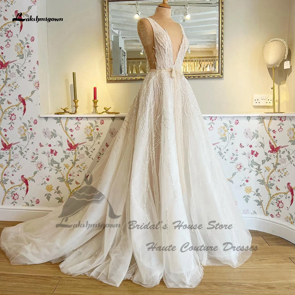 

Lakshmigown Luxury Beading Champagne Wedding Gowns For Women 2023 Vestidos Sexy Bridal Beach Wedding Dresses Plunging V Neck