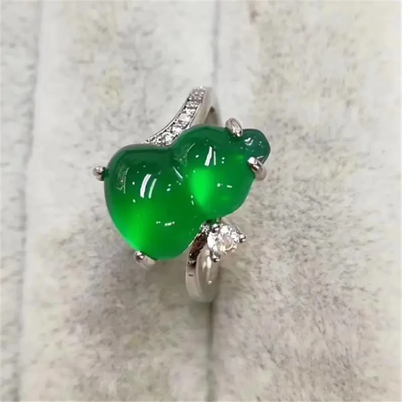 

S925 sterling silver inlaid emerald ice gourd ring adjustable female