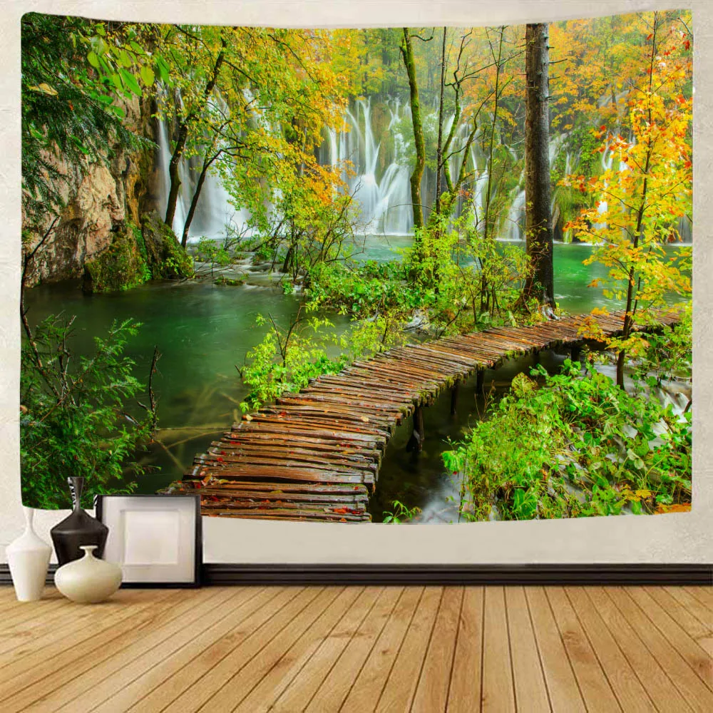 

Natural landscape large tapestry wall hanging waterfall forest wooden bridge Bohemian room art decoration blanket hanging cloth