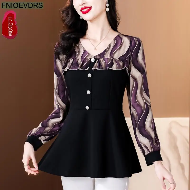 Женская винтажная туника на пуговицах фиолетовая блузка с длинным рукавом и